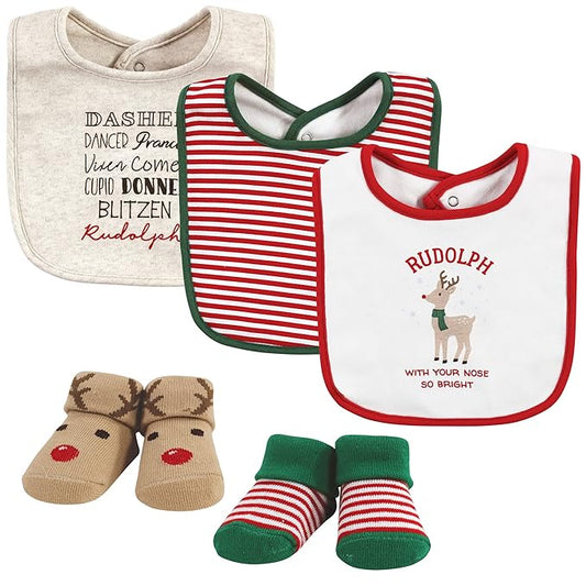 Hudson Baby Unisex Baby Cotton Bib and Sock Set, Rudolph, One Size