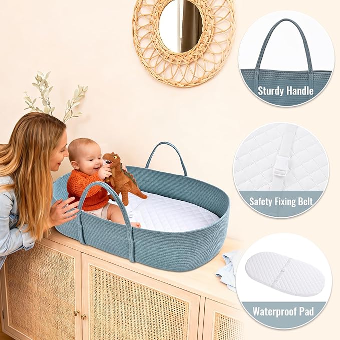 Changing Baskets Set,Moses Basket with Pad and Diaper Caddy,Set of 2 Baskets,Portable Cotton Rope Woven Basket,Replaceable Pad,Gifts for Newborn 28.7" x 15.7" x 7.8"（Blue）