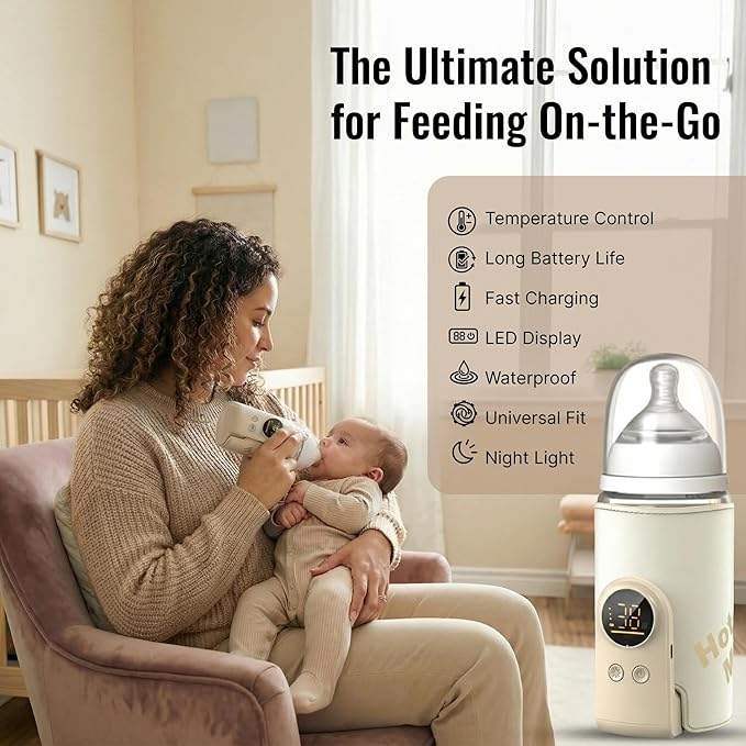 Portable Bottle Warmer for Travel - Car Waterless Bottle Warmer for Breastmilk & Formula Milk - Rechargeable Battery Powered Fast Heating with Temperature Control for On the Go Baby Feeding
