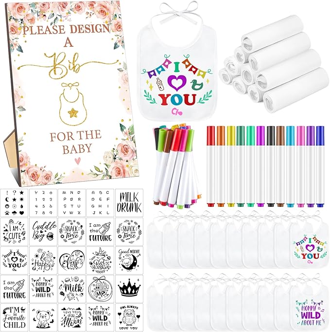 Panitay 100 Pcs DIY Baby Bibs Decorating Kit 50 White Bibs 25 Stencils 24 Markers 1 Baby Shower Game Sign