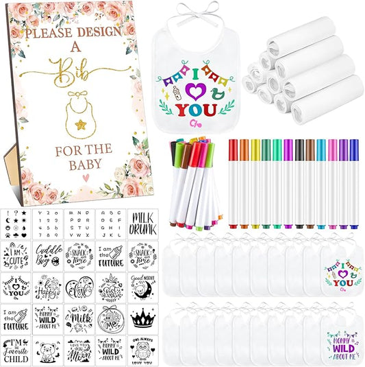 Panitay 100 Pcs DIY Baby Bibs Decorating Kit 50 White Bibs 25 Stencils 24 Markers 1 Baby Shower Game Sign