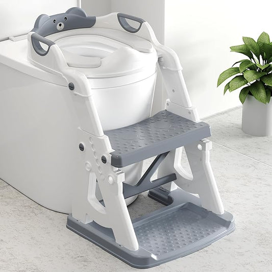 Potty Training Seat, 2 in 1 Potty Training Toilet with Step Stool for Boys Girls, Toddler Toilet Seat with Stabilizer Crossbar, Anti-Slip Pads and Splash Guard, Grey
