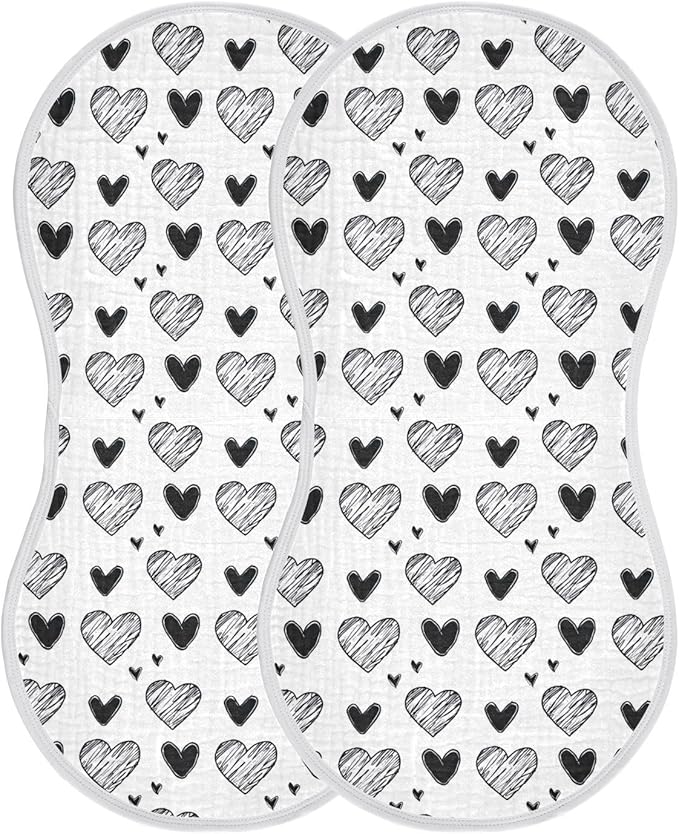 2Pcs Black White Hearts Burp Cloth,Unisex Large Absorbent Soft Cotton Muslin Burping Cloths for Newborn Boys Girls,11x22in,A113395