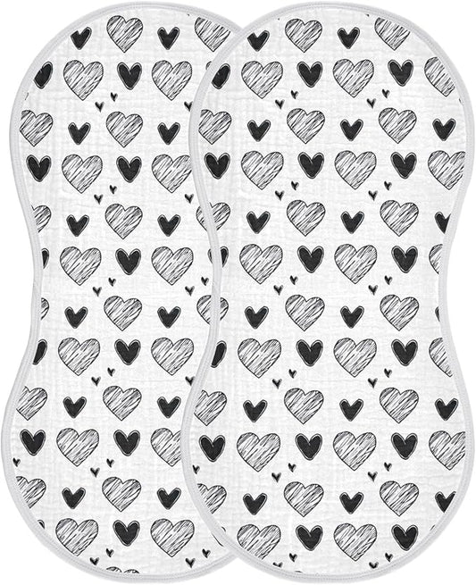 2Pcs Black White Hearts Burp Cloth,Unisex Large Absorbent Soft Cotton Muslin Burping Cloths for Newborn Boys Girls,11x22in,A113395