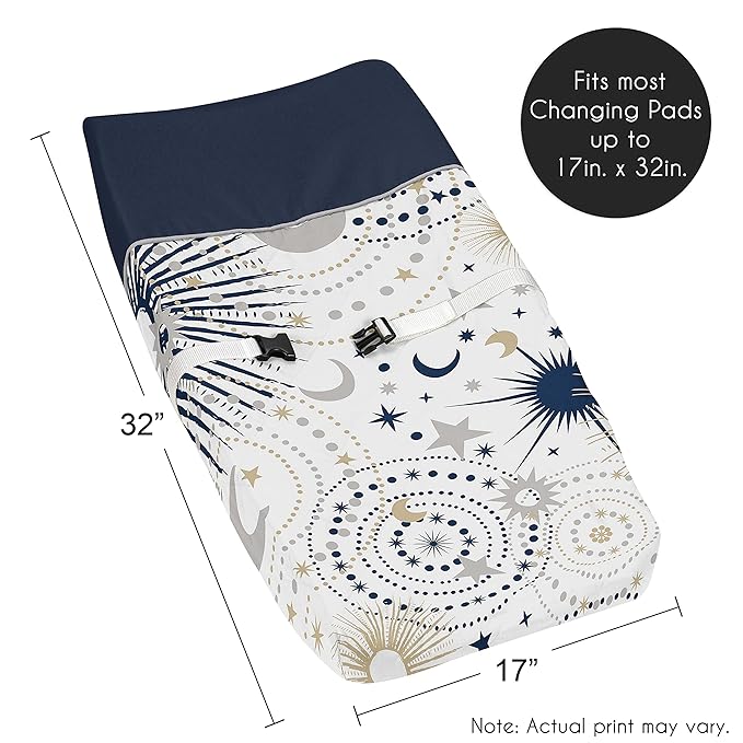 Sweet Jojo Designs Star and Moon Boy or Girl Baby Nursery Changing Pad Cover - Navy Blue, Gold, and Grey Celestial Sky Stars Gender Neutral Unisex