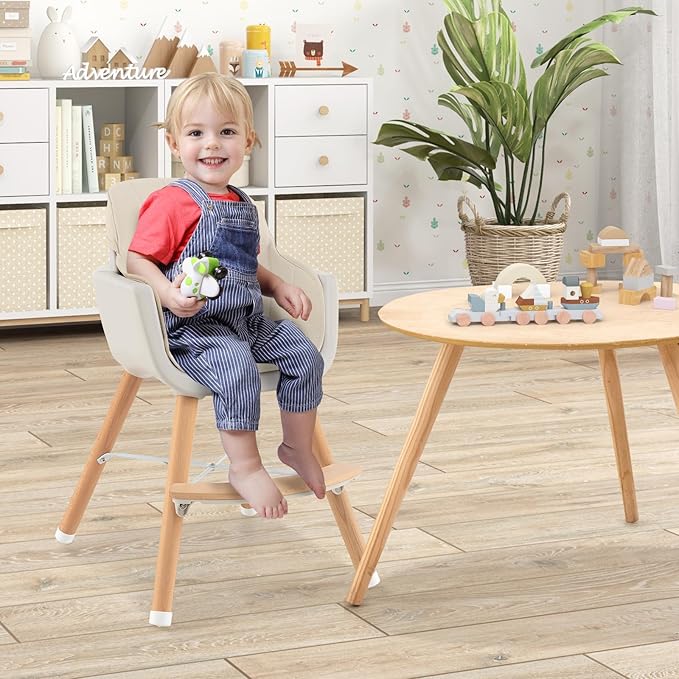 HONEY JOY Baby High Chair, 6-in-1 Eat & Grow Wooden Highchair/Toddler Chair with Removable Tray, 5-Point Harness, PU Cushion and Footrest, Convertible High Chair for Babies and Toddlers(Beige)