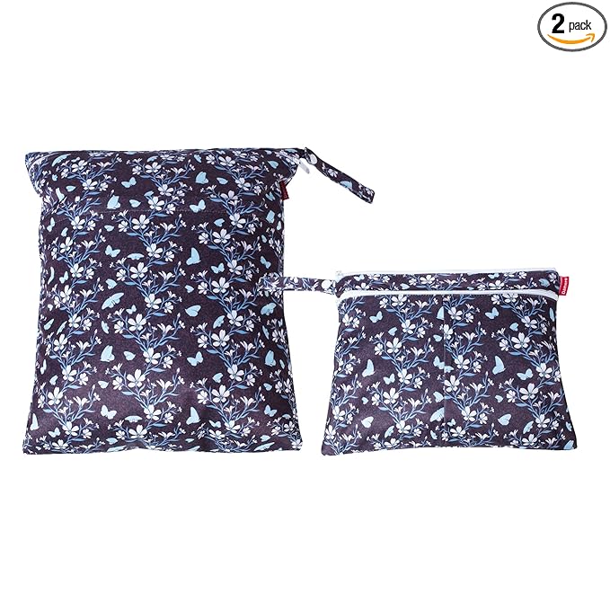 Damero 2 Pcs Wet Dry Bag for Cloth Diaper, Swimsuit, Clothes, Water-Resistant Reusable Wet Bag for Travel, Exercise, Beach, Pool, Daycare, Butterflies and Flowers