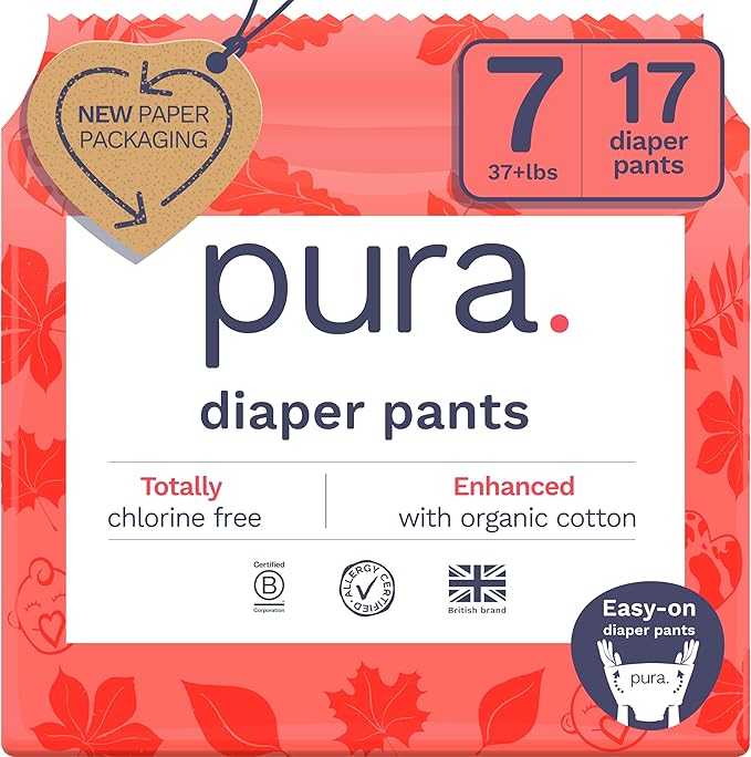 Pura Hypoallergenic Diaper Pants Size 7 (37+ lbs) Overnight, up to 12 Hours Leak Protection, Suitable for Sensitive Skin, Totally Chlorine Free, Soft Organic Cotton, 1 Pack of 17 Pull Up Pants