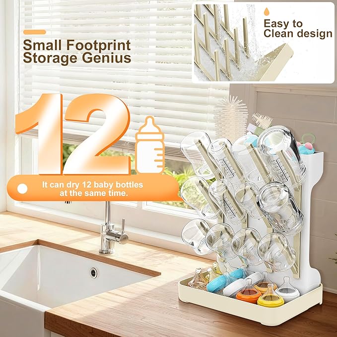 Vertical Baby Bottle Drying Rack, Space-Saving Countertop Storage Stand, BPA-Free Organizer for Baby Bottles and Pacifiers - Warm Beige