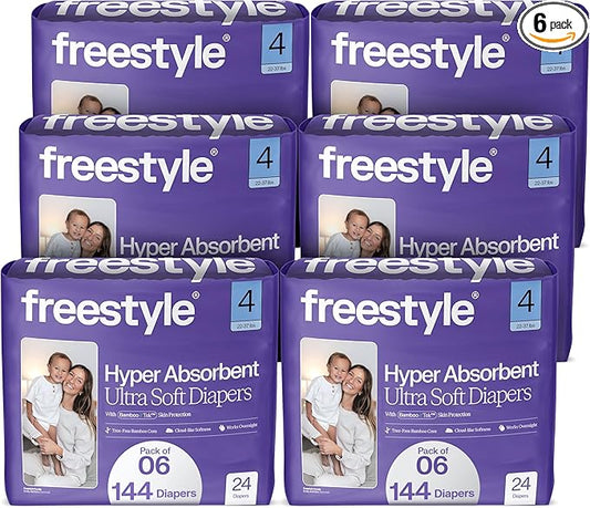 Freestyle BambooTek Diapers – (Size 4) Hyper Absorbent & Non-Toxic – Disposable Diapers for Sensitive Skin – Ultra Soft Diapers (22-37 lbs) – 144 Count