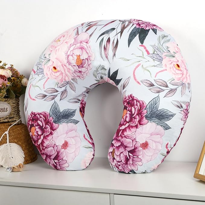 Baby Nursing Pillow Cover, Removeable Breastfeeding Pillow Slipcover, Nursing Pillow Case for Newborn Boys Girls, Soft Fabric Fits Snug On Infant, Washable & Breathable, Purple Flower