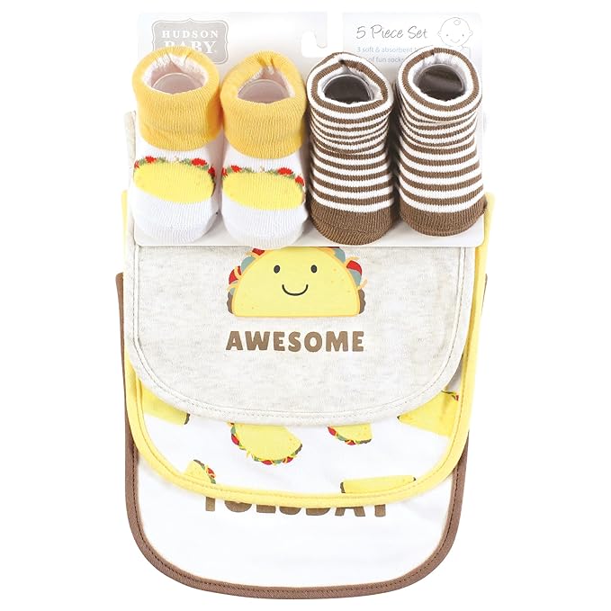 Hudson Baby Unisex Baby Cotton Bib and Sock Set, Taco Tuesday, One Size