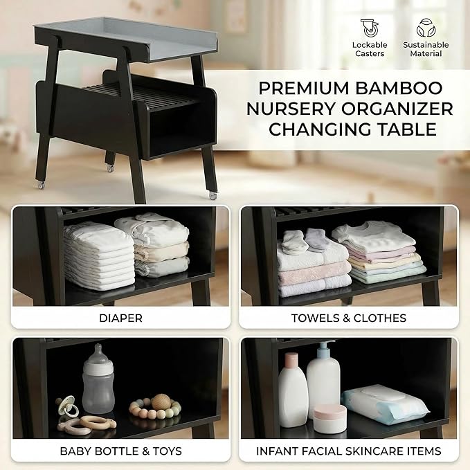 Diaper Changing Station Baby Flat Top Changing Table with Wheels and Changing Pad Nursery Organizer & Storage Rack Mobile Nursery Diaper Changing Table for Baby, Newborn (Black)