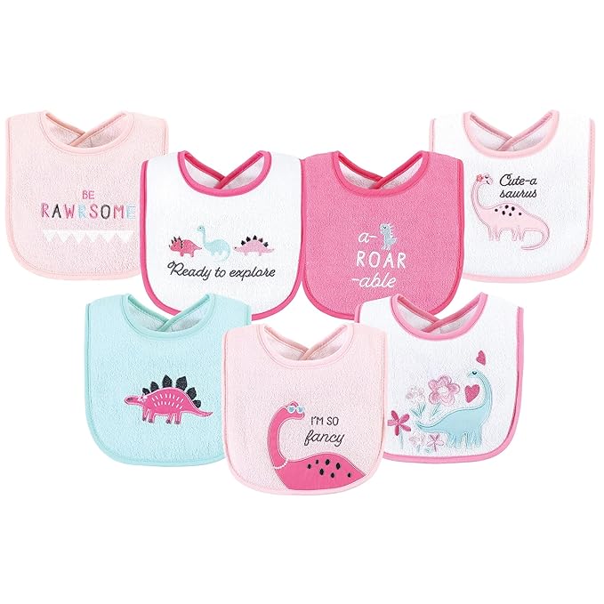 Hudson Baby Unisex Baby Cotton Terry Drooler Bibs with Fiber Filling, Girl Dino, One Size