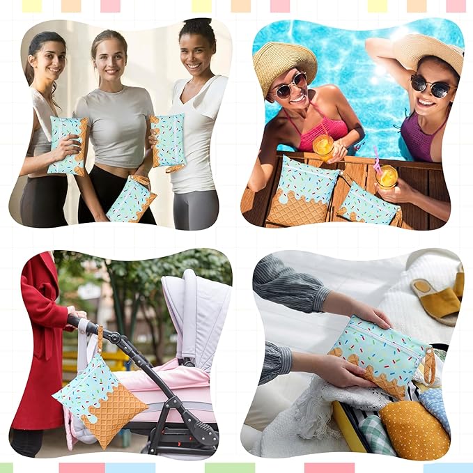 SATINIOR 2 Pack Wet Dry Bags Ice Cream Waterproof Pouch Large & Small Makeup Bag Baby Wet Bags Zipper Pouch for Baby Women Diapers Cloth(Green)