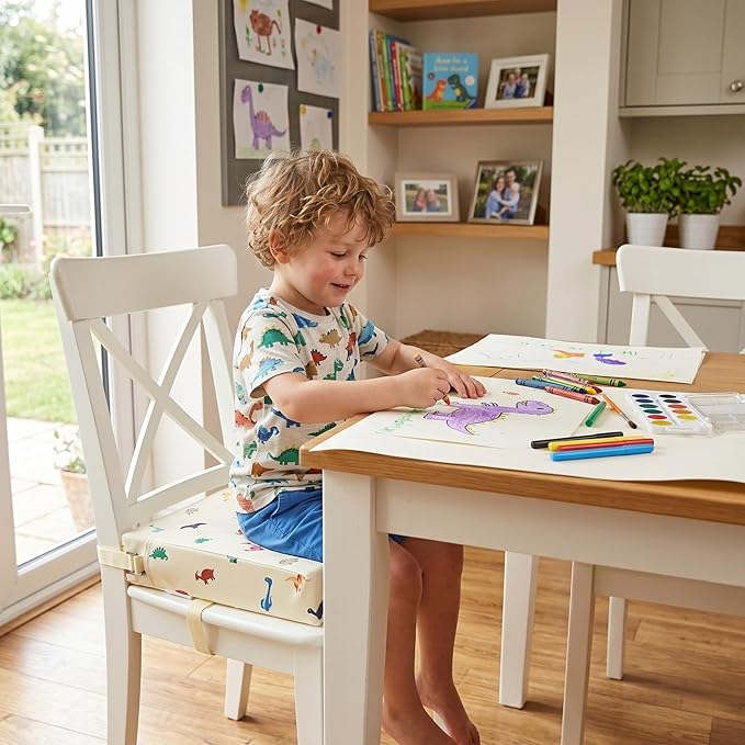 Toddler Booster Seat for Dining Table, Waterproof & Easy-to-Clean PU Cover, Safety Certified, Portable Booster Seat for Kitchen Chairs (Beige - Dinosaur)