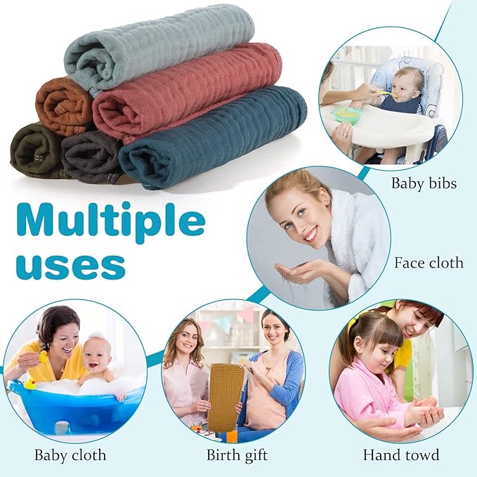 Hicarer 6 Pcs Girl Muslin Burp Cloths Cotton Burping Spit Rags Large 20 x 10 Inch 6 Layers Newborn Soft Absorbent Multicolor Wash Cloths Diapers for Baby Shower(Elegant Colors Series)