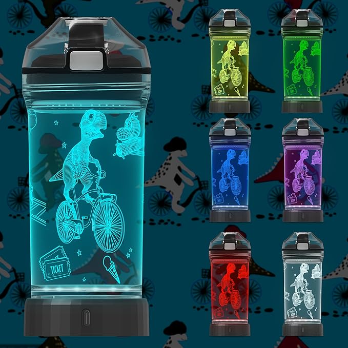 Attivolife Kids Watter Bottle, 3D Illusion LED Light with 7 Color Changing - 14 0z BPA Free - Creative Ideal Travel Cup Dinosaur Gift for School Kid Boy Child Holiday Camping Picnic (DinosaurPark)