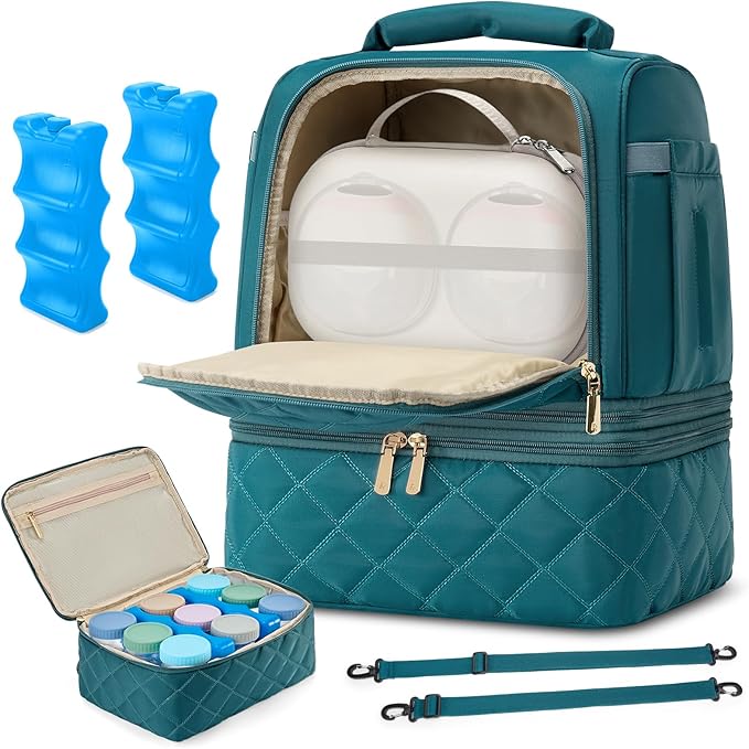 RAINSMORE Wearable Breast Pump Bag, Willow/Eufy/Elvie/Spectra/Medela/Momcozy M5/S12 Pro, Breast Milk Cooler Travel Bag with Cooler Compartment & Ice Pack, Dark Green