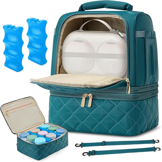 RAINSMORE Wearable Breast Pump Bag, Willow/Eufy/Elvie/Spectra/Medela/Momcozy M5/S12 Pro, Breast Milk Cooler Travel Bag with Cooler Compartment & Ice Pack, Dark Green