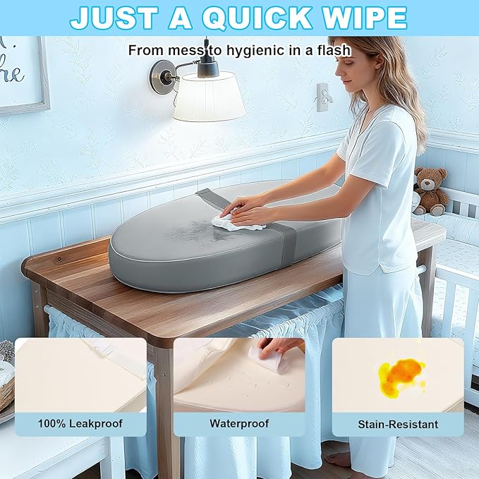 Baby Diaper Changing Pad, Wipeable Baby Changing Pad for Dresser, Contoured Waterproof Changing Pad with PU Cover, Non-Slip Safety Belt & Bottom, Portable, Lightweight (Grey)