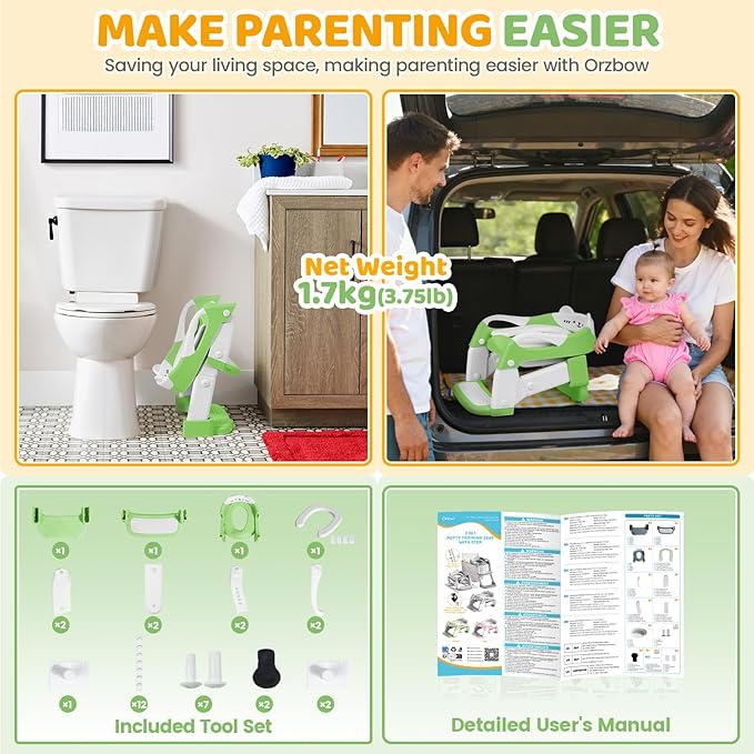 Orzbow Potty Training Seat, Toddler Toilet Seat with Step Stool Ladder, 2-in-1 Toddler Potty Training Toilet Chair for Kids Boys Girls - 5-Level Adjustable Height | Splash Guard | Anti Slip Pad, Green