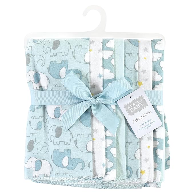 Hudson Baby Unisex Baby Cotton Flannel Burp Cloths, Boy New Elephant 7-Pack, One Size