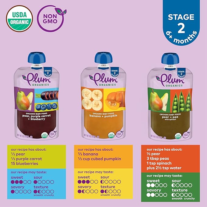 Plum Organics - 6+ Months Organic Baby Food Variety Pack - 3 Flavors - Non-GMO - Fruit & Veggie Blends On-The-Go Pouches for Baby and Toddler Meals - Quality Tested Ingredients - 4 oz (Pack of 18)