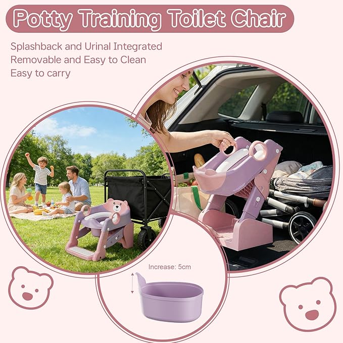 Potty Training Seat,Toddler Toilet Seat for Boys Girls,3-in-1 Potty Training Toilet and Chair with Step Stool Ladder,Anti-Slip Height Adjustable Foldable Splash Guard for Kids (Purple Pink)