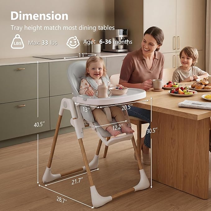Kinder King Convertible High Chair for Babies & Toddlers, Adjustable Baby Feeding High Chair with Removable Double Tray, Simple Compact Fold for Space-Saving, 2 Built-in Wheels, Easy to Clean