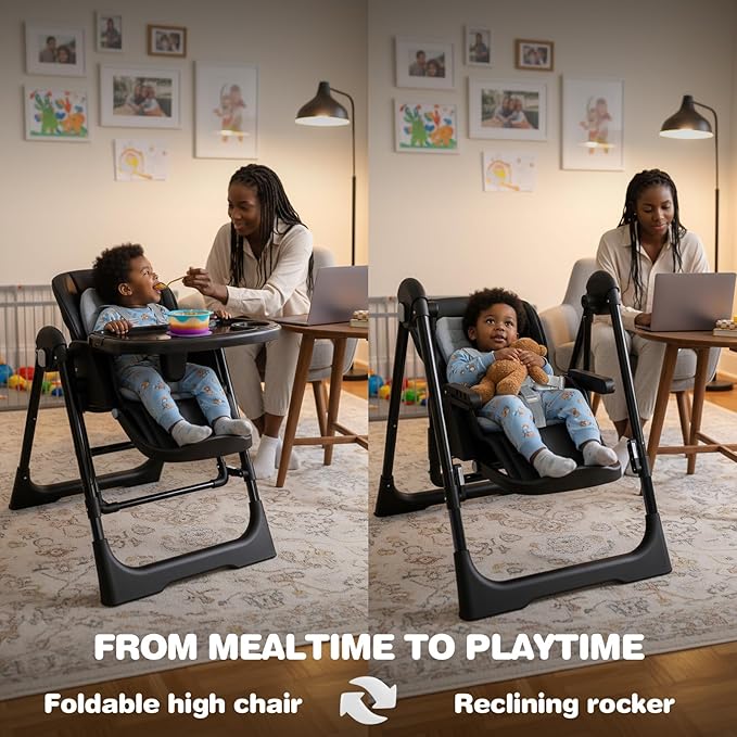 High Chairs for Babies and Toddlers Foldable High Chair Adjustable with Reclining Seat & Leg Rest, 3-in-1 Convertible Baby Rocker with Tool-Free Assembly (Black)