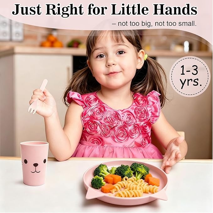 Dinnerware Set for Kids - 5-Piece Kitten-Themed Includes Plate, Bowl, Cup & Utensils | BPA-Free, Microwave & Dishwasher Safe | Ideal Gift for Girls (Pink - Kitten)