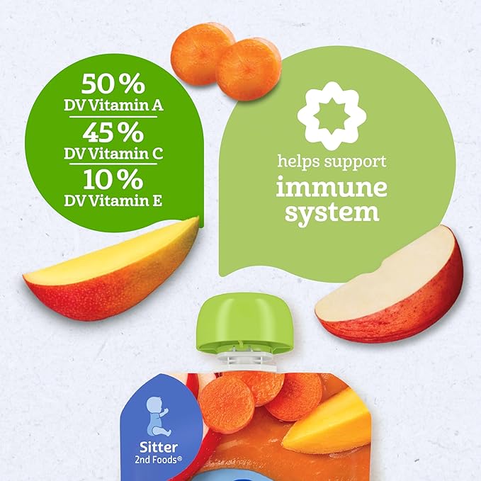 Gerber Stage 2 Baby Food, Organic Carrot Apple Mango, Baby Food Pouches, Puree Pouches, Vitamin A, C, & E Helps Support Immune System, No Artificial Flavors or Colors