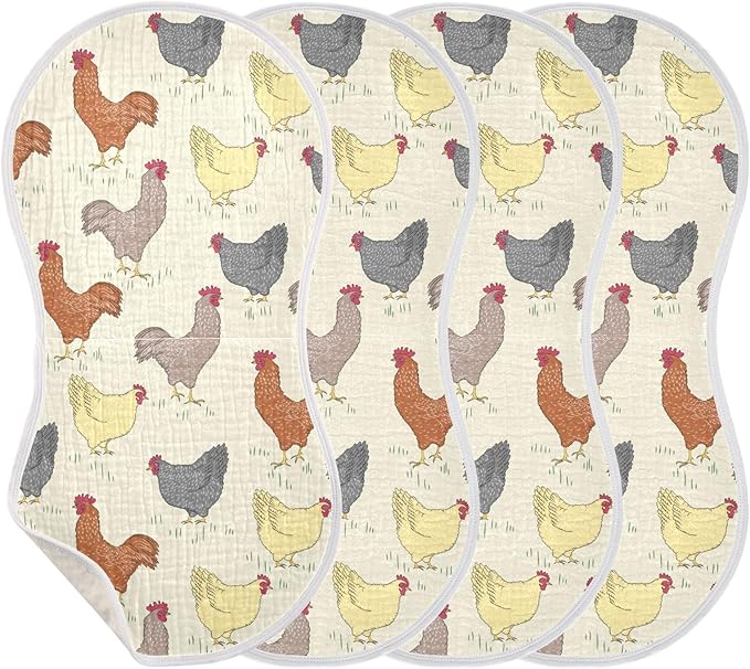 Rooster and Hens Muslin Burp Cloths for Baby 4 Pack Soft 100% Cotton Baby Washcloths Bibs for Boy Girl