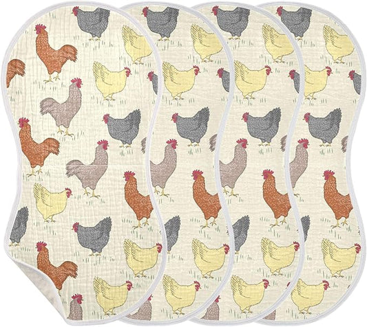 Rooster and Hens Muslin Burp Cloths for Baby 4 Pack Soft 100% Cotton Baby Washcloths Bibs for Boy Girl
