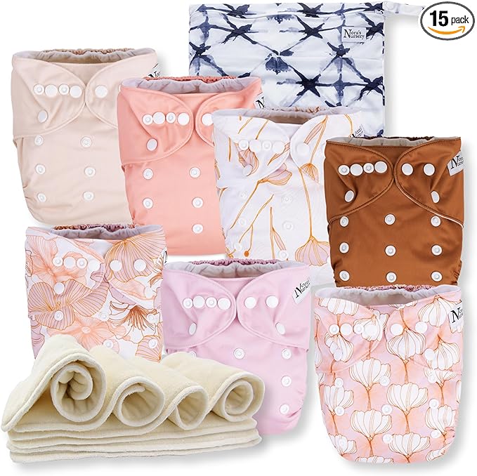 Nora's Nursery Cloth Diapers 7 Pack with 7 Inserts & 1 Wet Bag - Waterproof Cover, Washable, Reusable & One Size Adjustable Pocket Diapers for Newborns and Toddlers - Magnolia