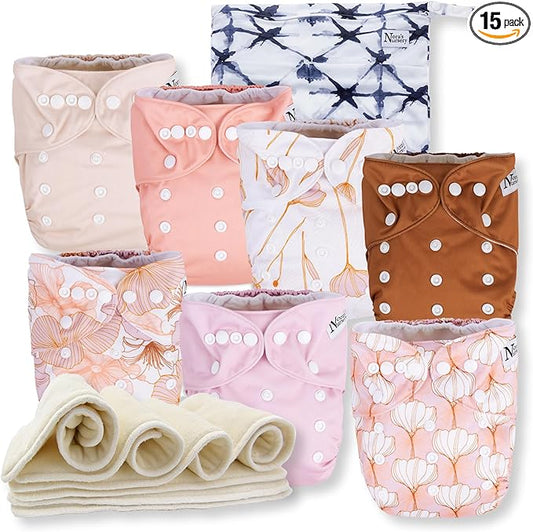 Nora's Nursery Cloth Diapers 7 Pack with 7 Inserts & 1 Wet Bag - Waterproof Cover, Washable, Reusable & One Size Adjustable Pocket Diapers for Newborns and Toddlers - Magnolia