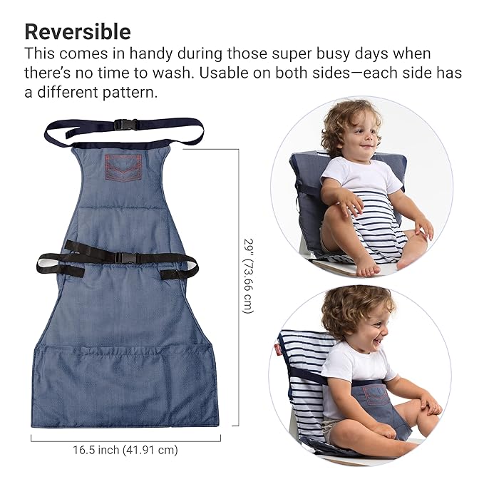 BabyToLove Pocket Seat | Compact Portable High Chair for Travel, Dining & More | Secure & Washable Toddler Seat with Harness | Fits Most Chairs | Lightweight Foldable | Denim