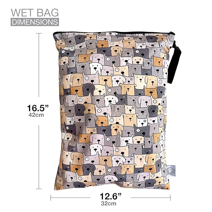 FLOCK THREE Washable and Reusable Wet Bag Diaper Bag Water Resistant Swimming Bag Travel Toiletries Pouch Yoga Gym Bag Cute Pugs 12.6'' x 16.5''