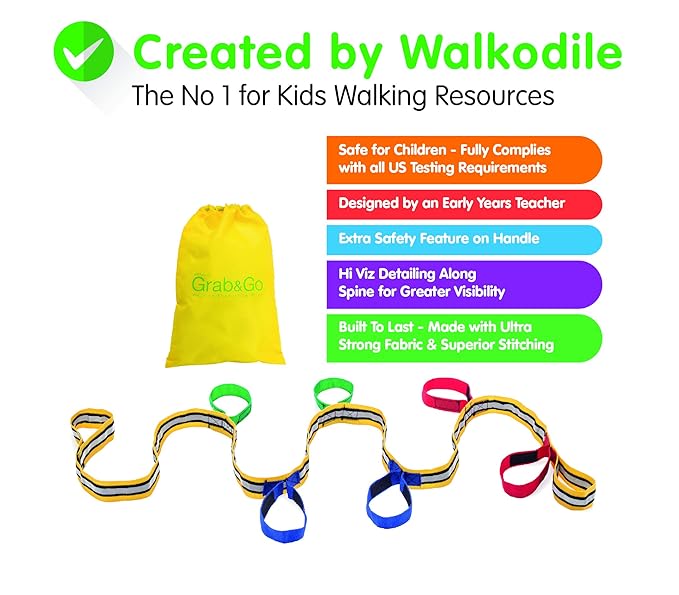 Grab & Go Children's Walking Rope (6 child). Teacher Designed. Extra Safety Feature on Handles. Strong Fabric & Heavy Duty Stitching. Includes Learning Games for Walks Guide