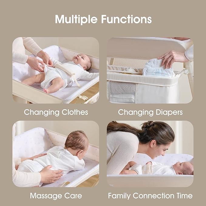 Maydolly Changing Table，Portable Diaper Changing Station, Foldable Baby Changing Table,Compact Nursery Diaper Changing Table for Baby，Adjustable Height，Mobile on Wheels (Beige)