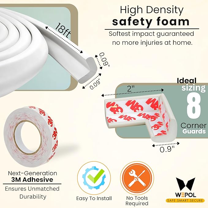 Table Edge Protector for Baby Proofing (18ft Edge & 8 Corners) Baby Proof Corners and Edges Guard, Soft NBR Rubber Foam 3M Adhesive, Furniture Corner & Edge Safety Bumpers for Table & Fireplace-Gray