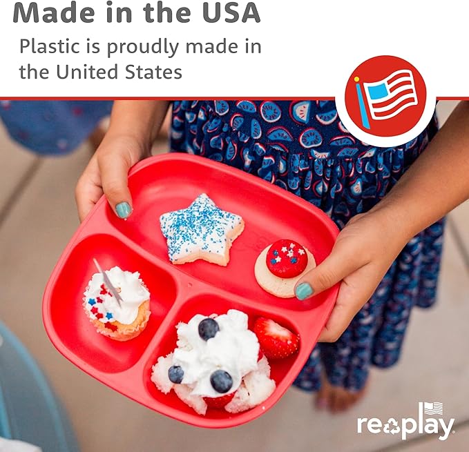 Re-Play Toddler Plates with Dividers - Deep-Walled 3 Compartments Divided Plates for Kids - Dishwasher & Microwave Safe - Made in USA - Set of 4-7.37" x 7.37" x 1.25" - Spring