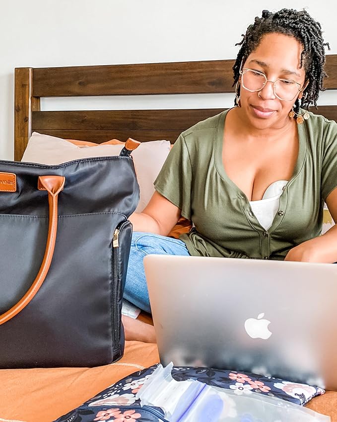Sarah Wells Abby Breast Pump Tote with Real Leather Straps – Stylish Pumping Bag with Insulated Pockets, Laptop Storage & Easy-Clean Interior – Professional Breast Pump Bag for Work & Travel (Black)
