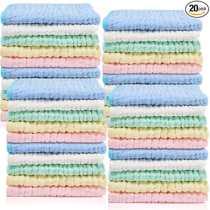 Tudomro 20 Pack Muslin Burp Cloths 20 x 10 Inch Absorbent Washcloths 6 Layers 5 Colors Baby Rags Towels Gentle Absorbent Soft Infant Essentials for Newborn and Toddlers Boys & Girls Milk Spit up Rags