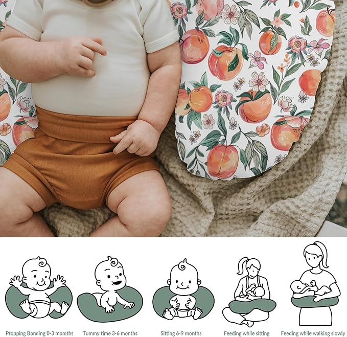 Vintage Peaches Baby Nursing Pillow Covers for Boy Girl Retro Peach Flowers Leaves Nursery Slipcovers for Breastfeeding Pillows Sweet Spring Summer Fruit Soft Stretchy Covers for Newborn Infant