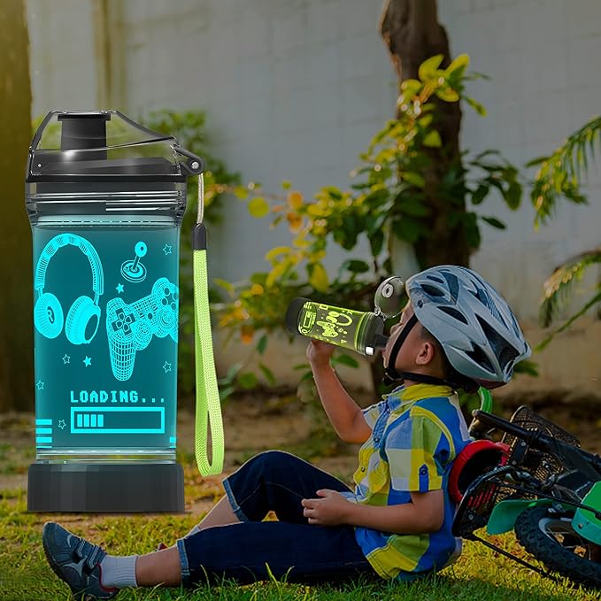 Attivolife Game Water Bottle for Kids, 3D Illusion LED Light with 7 Color Changing Light - 14 0z BPA Free - Creative Ideal Camping Picnic Travel Cup Gamer Gifts, Back to School for Boys Child Holiday