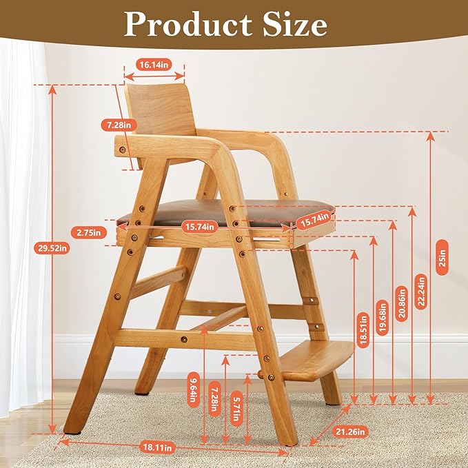 Solid Wood High Chair for Toddlers to Teens, Adjustable Height Toddler Dining Chair, Easy to Clean Toddler Highchair with Removable PU Cushion for Dining, Studying, Step Stool, Natural