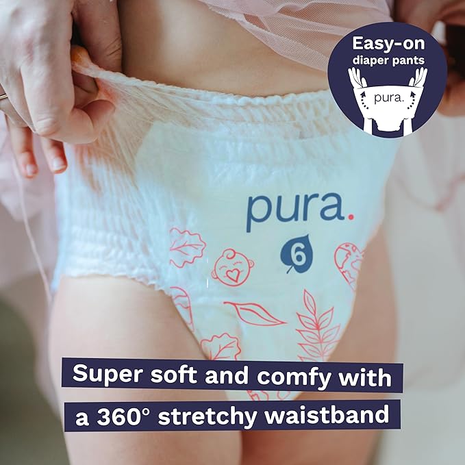Pura Hypoallergenic Diaper Pants Size 6 (33+ lbs) Overnight, up to 12 Hours Leak Protection, Suitable for Sensitive Skin, Totally Chlorine Free, Soft Organic Cotton, 3 Packs of 17 (51 Pull Up Pants)