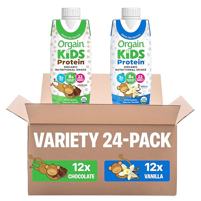 Orgain Organic Kids Dairy Nutritional Protein Shakes, Chocolate 12‑Pack + Vanilla 12‑Pack, 8g Protein, 3g Fiber, 22 Vitamins & Minerals, No Soy Ingredients, Gluten Free, Non‑GMO, 8.25 fl oz
